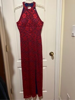 Emerald Sundae Red Lace Halter-Style Maxi Dress with Navy Lining